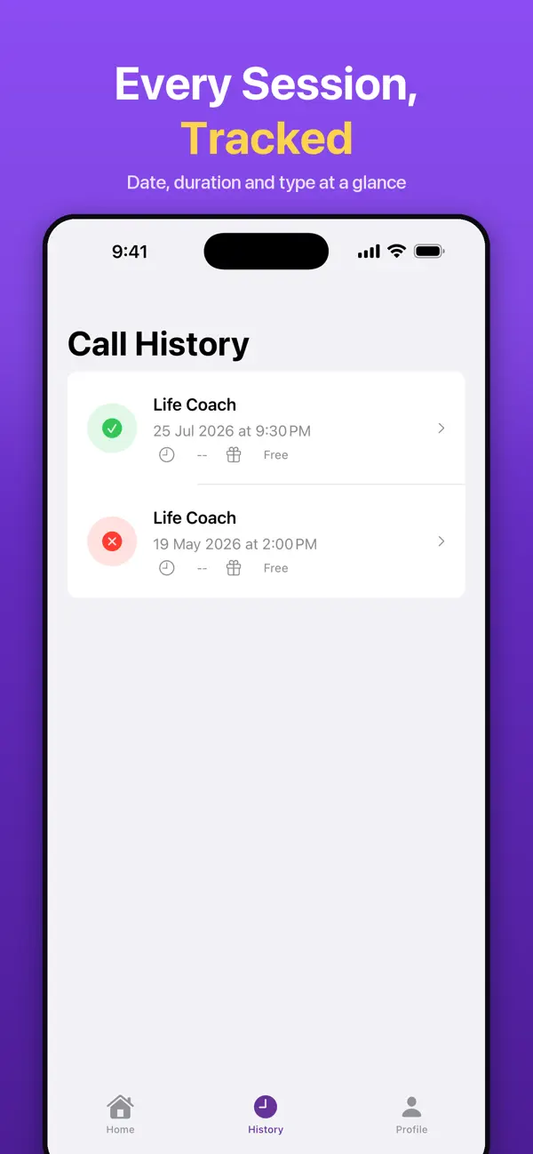 Call history with session details