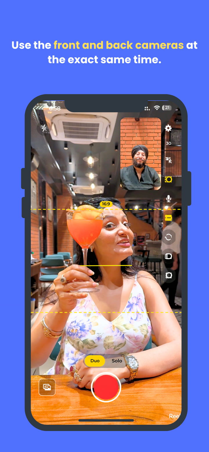 ReelDuo in Duo mode: front and back cameras recording at the same time, with 16:9 crop guides over the vertical frame.