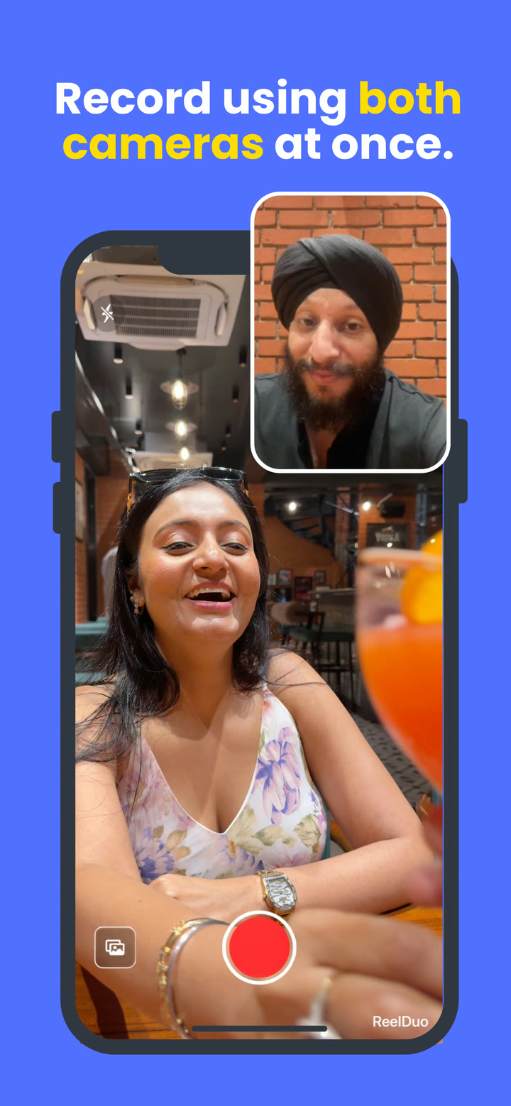 Recording with both cameras at once: the front camera shown as a picture-in-picture over the back camera.