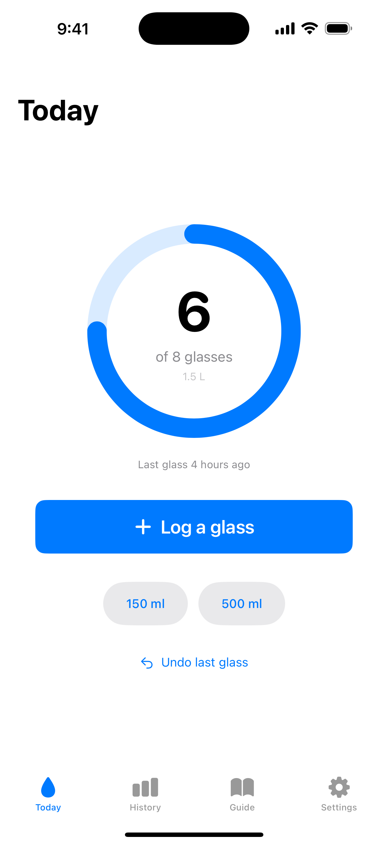 SipUp's Today screen: a blue progress ring showing 6 of 8 glasses, a Log a glass button, and 150 ml and 500 ml quick-amount buttons