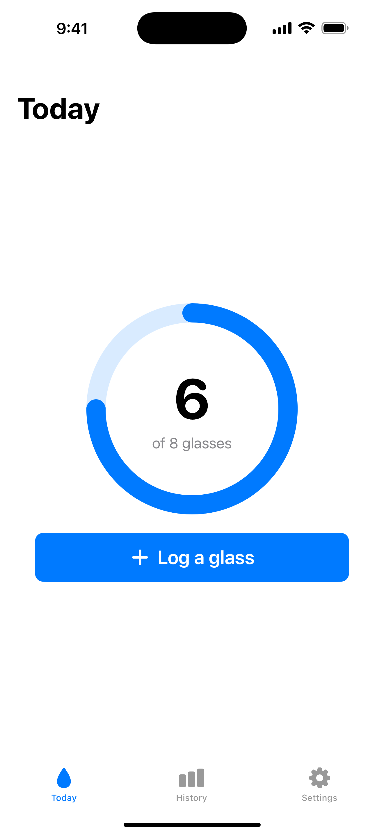 SipUp's Today screen: a blue progress ring showing 6 of 8 glasses and a Log a glass button