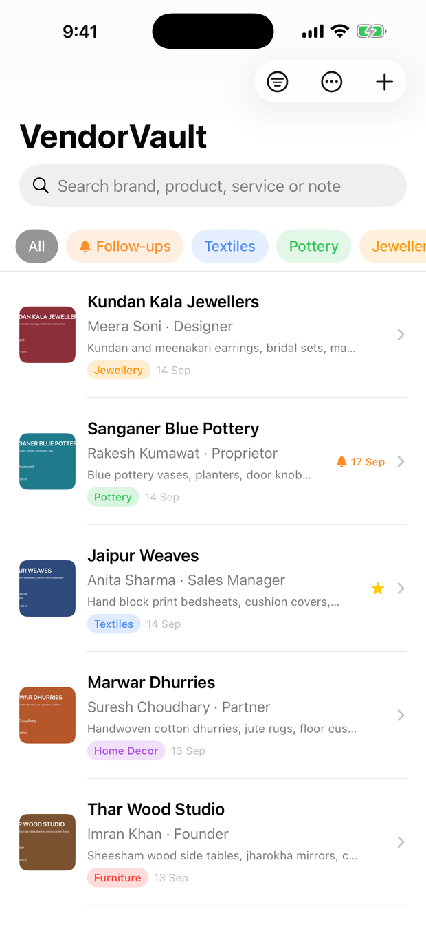 VendorVault's vendor list: vendors from a Jaipur lifestyle exhibition with their card photos, products and categories, a search field and category filters