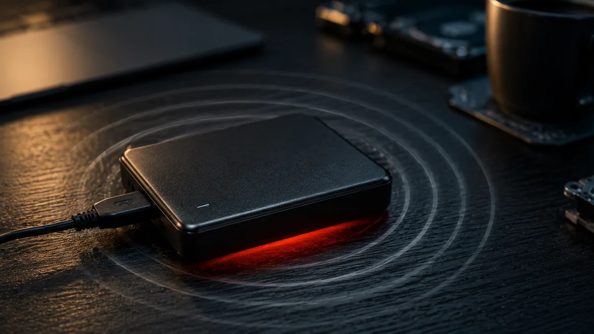 Dramatic close-up of an external hard drive on a desk with subtle sound-wave indicators illustrating mechanical clicking failure.
