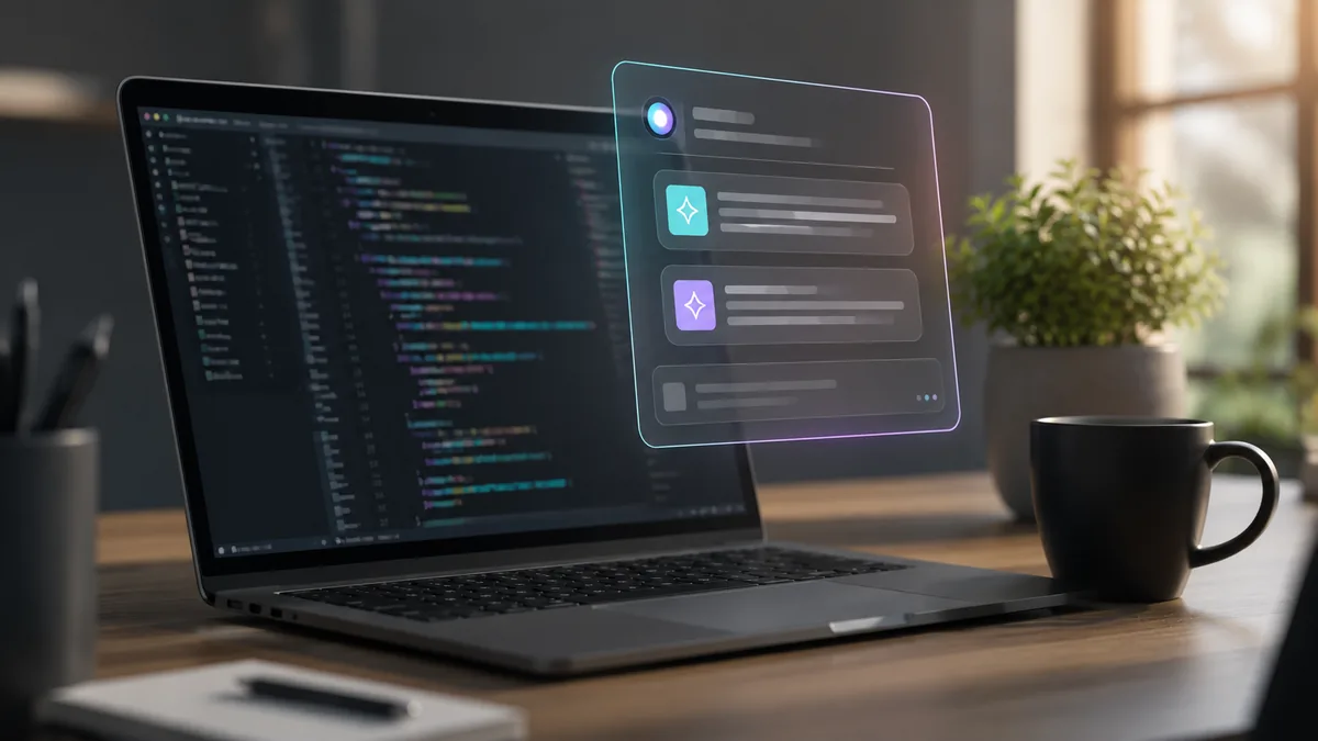 Modern developer workspace showing a laptop with an AI coding assistant interface and code on screen, illustrating how 2026 bootcamps integrate AI tools.
