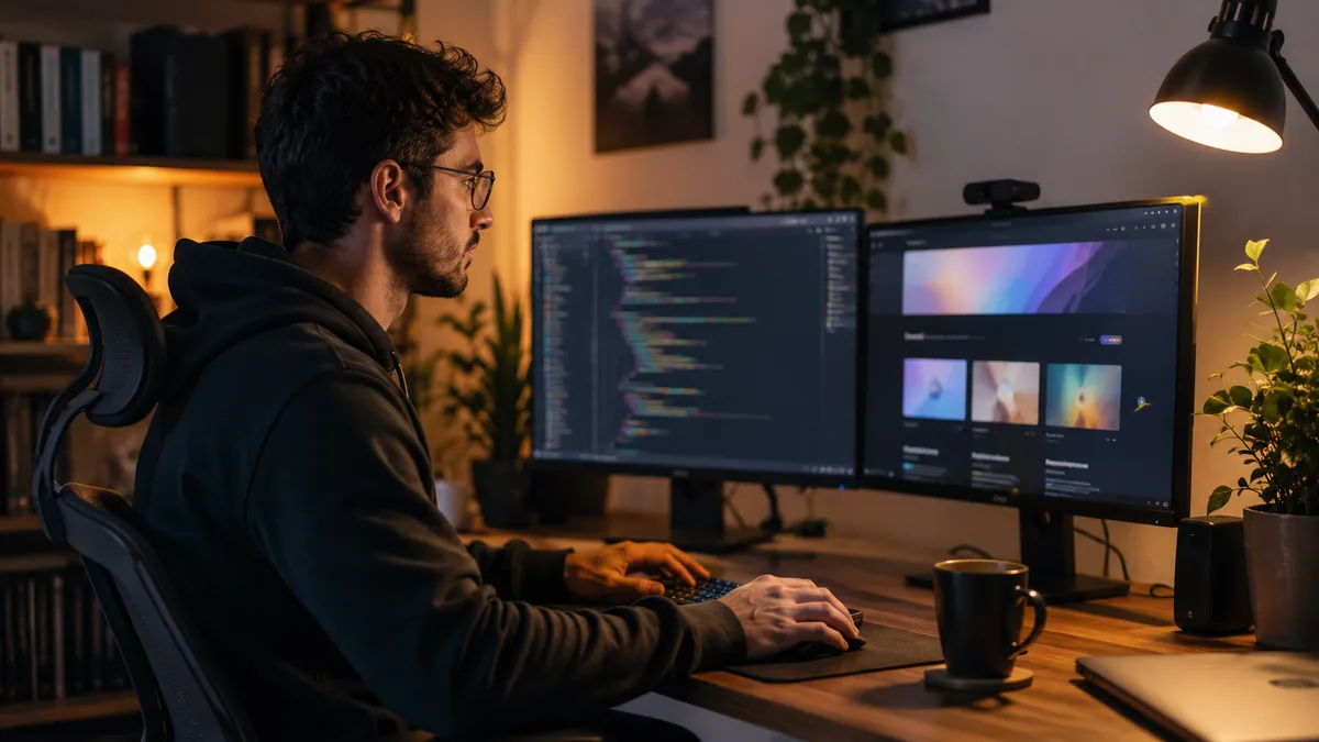 Coding bootcamp graduate at home office working remotely as a junior software developer in 2026, with multiple monitors and a portfolio website visible.