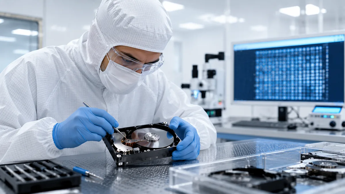 Professional data recovery engineer in a clean suit working on an open hard drive inside a certified ISO cleanroom environment.