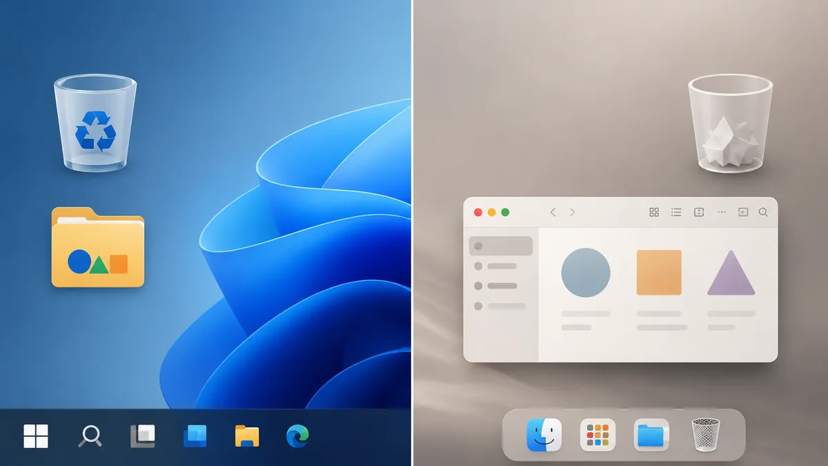 Conceptual split-screen image of Windows Recycle Bin and Mac Trash, representing the first place to look when files go missing.