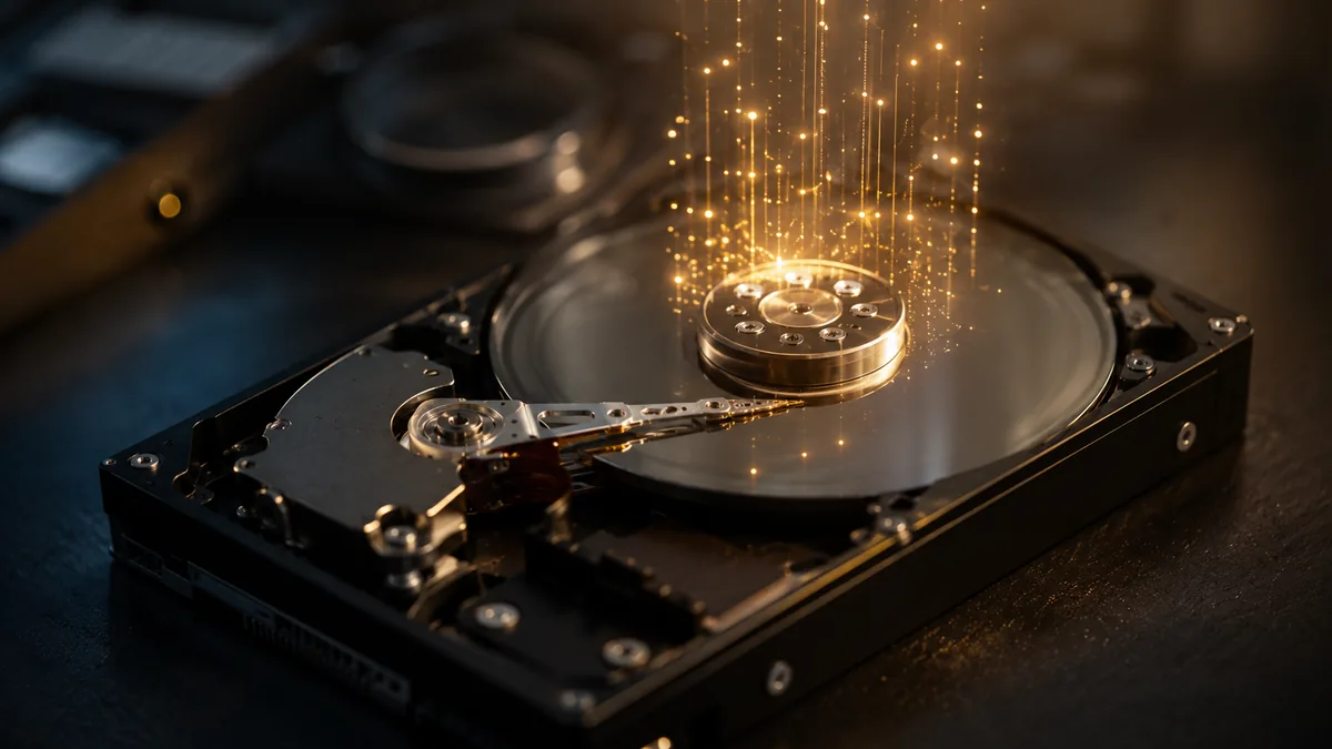 Open hard drive with platters exposed and a soft glow of recovered data rising upward, illustrating modern hard drive recovery.