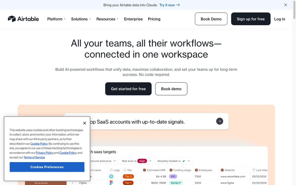 Airtable homepage — build enterprise-ready AI workflows and apps.