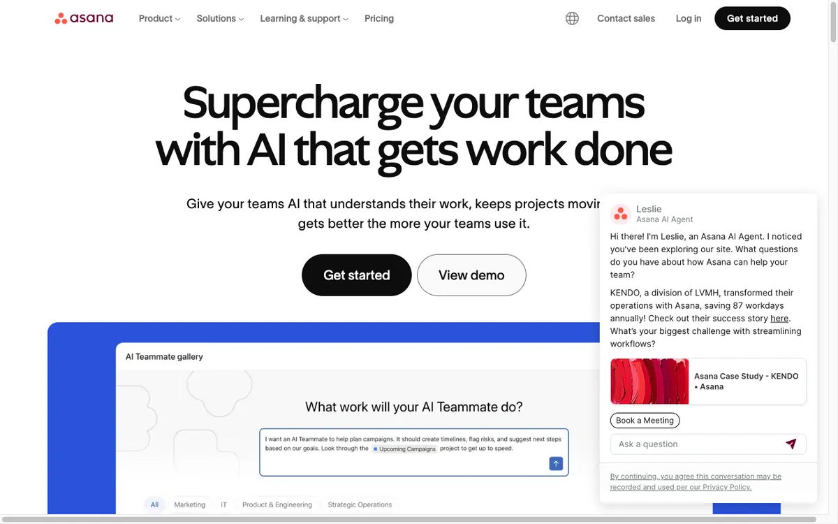Asana homepage — team collaboration and project management.