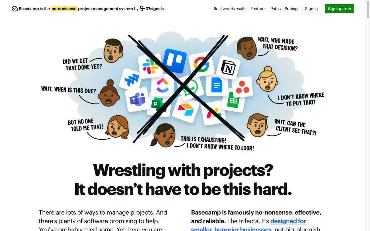 Basecamp homepage — project management and online collaboration.