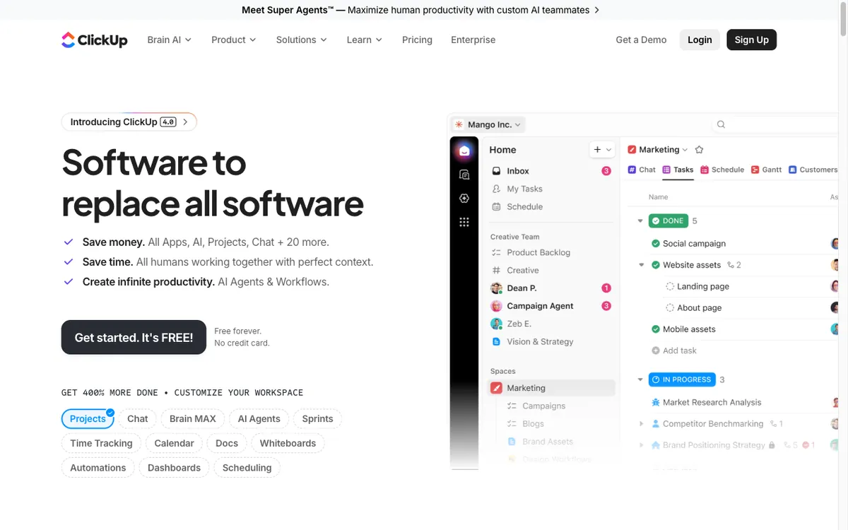 ClickUp homepage in 2026 — AI-powered project management dashboard.