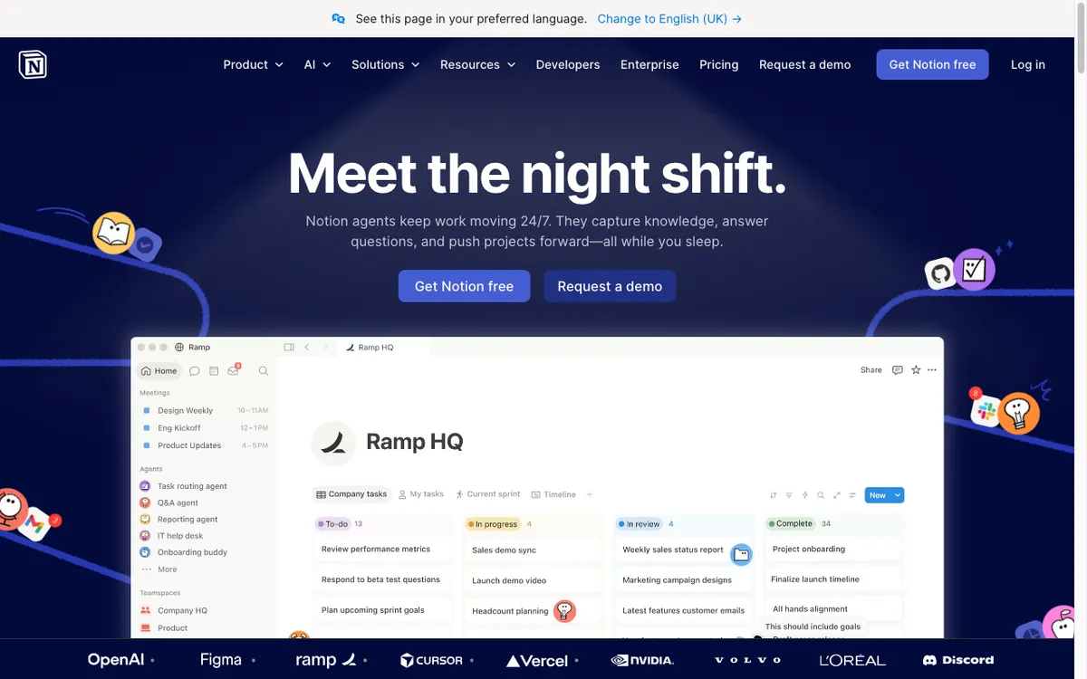 Notion homepage — the AI workspace for notes, tasks, and databases.