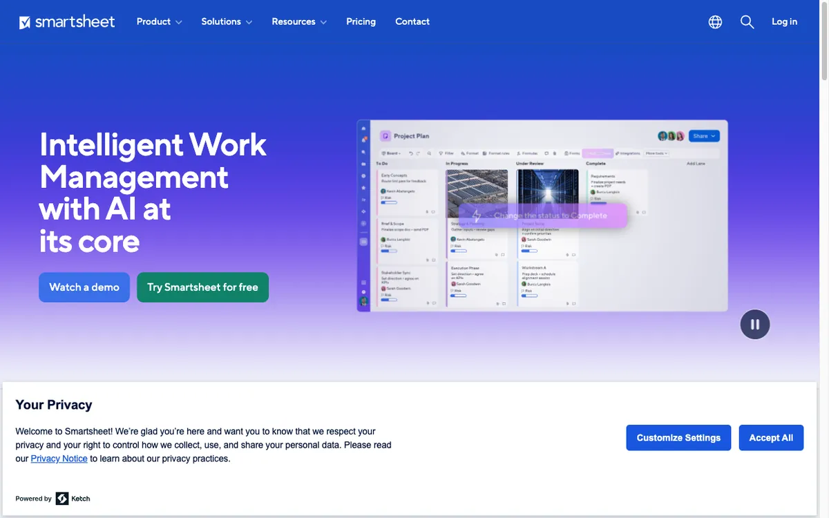 Smartsheet homepage — intelligent work management platform.