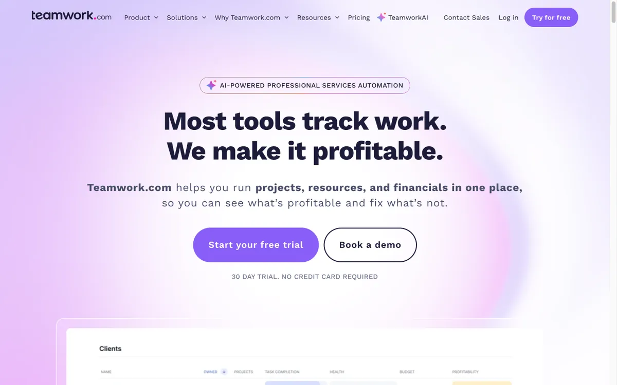 Teamwork.com homepage — project, resource, and financial management.