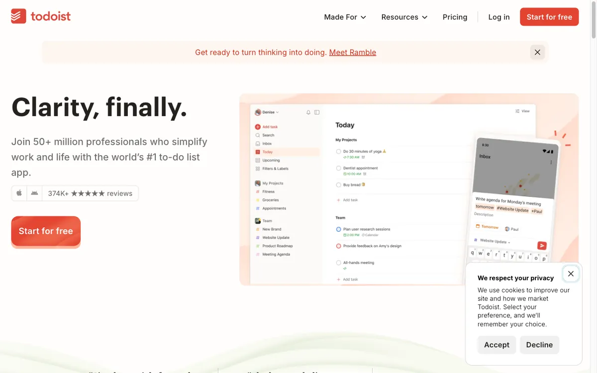 Todoist homepage — to-do list to organize work and life.