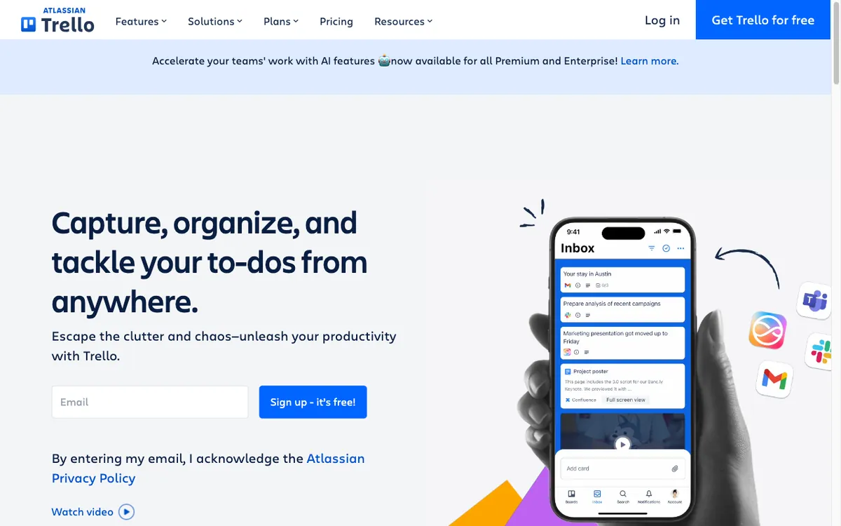 Trello homepage — Kanban-style task and project boards.