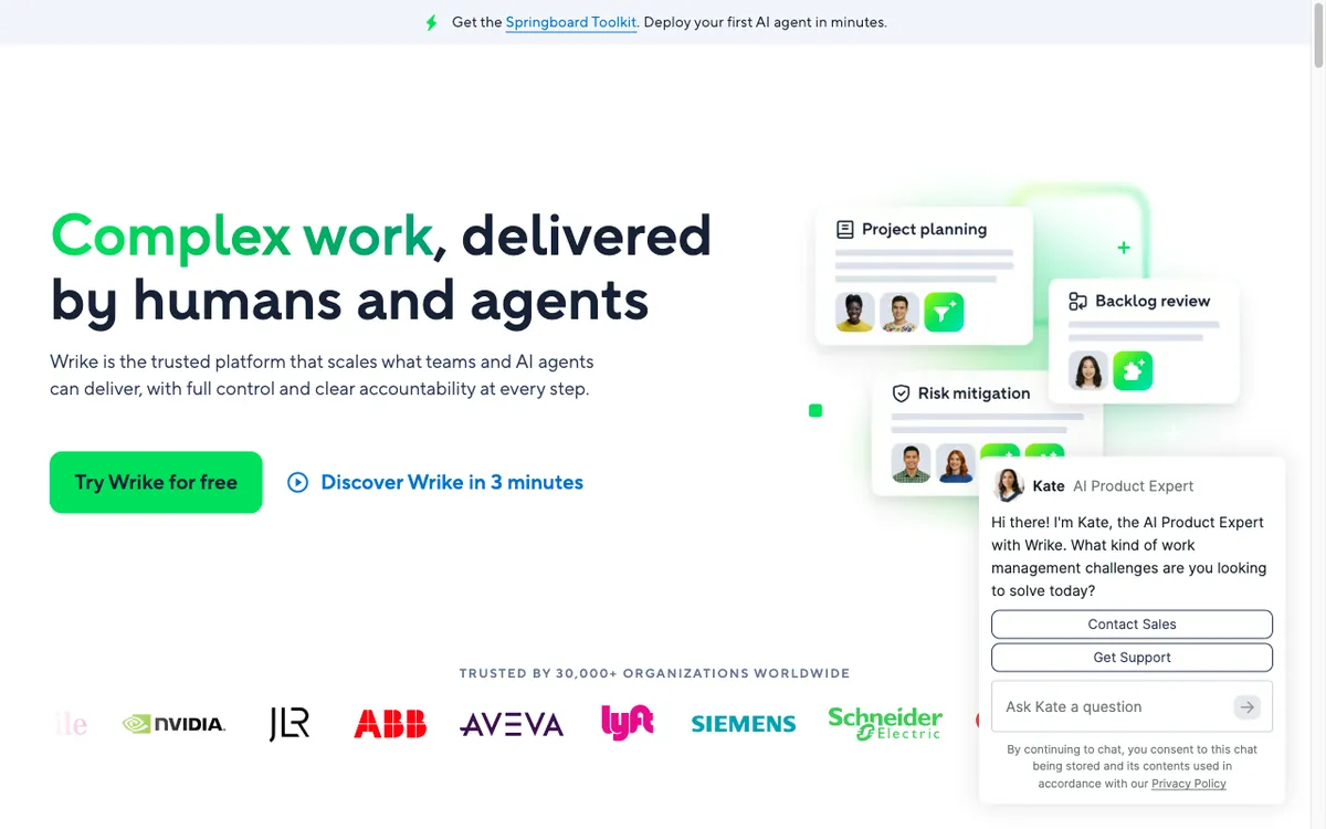Wrike homepage — AI-powered enterprise work management.