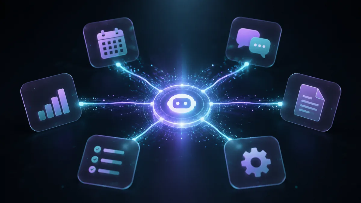 Concept illustration of an AI agent connecting multiple productivity apps via glowing data links, showing automated workflow across calendar, notes, and chat applications.