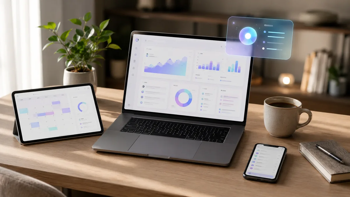 Modern workspace in 2026 showing a laptop, tablet, and phone running productivity apps with AI assistant interfaces visible, in a clean home office setting.