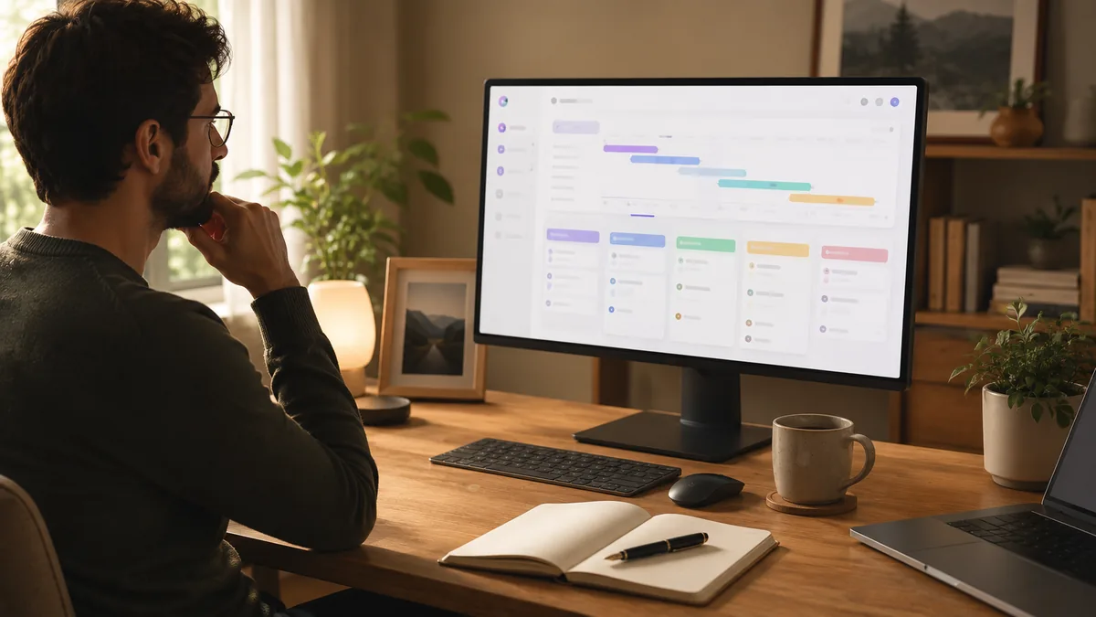 Modern home office workspace setup with laptop, large monitor, planner notebook, and a coffee mug, illustrating a productive 2026 daily setup.