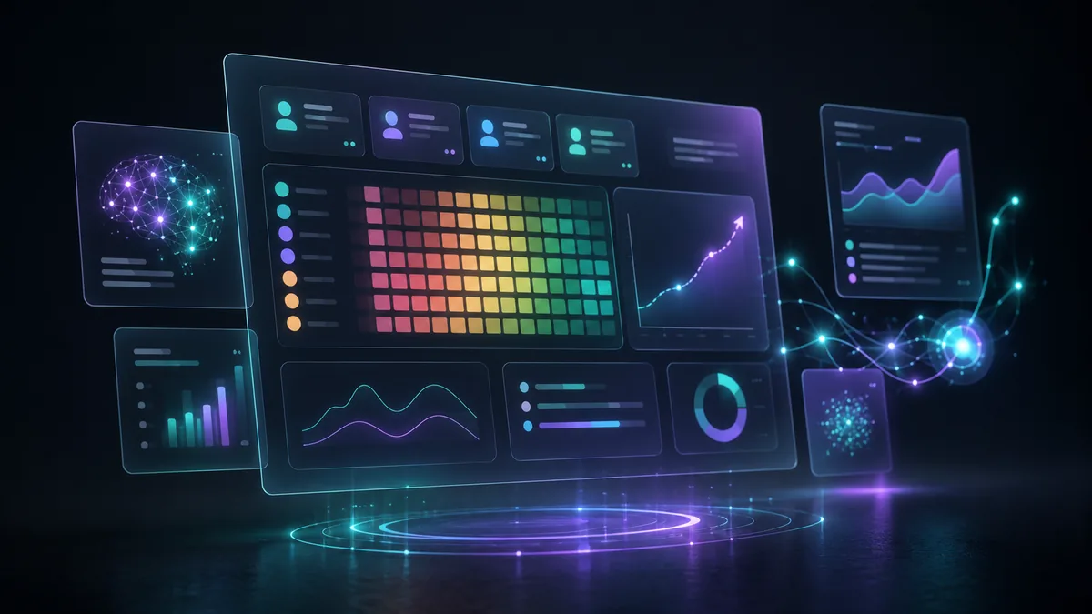 AI-driven resource forecast dashboard showing capacity predictions, scenario planning, and team workload heatmaps for an agency team.