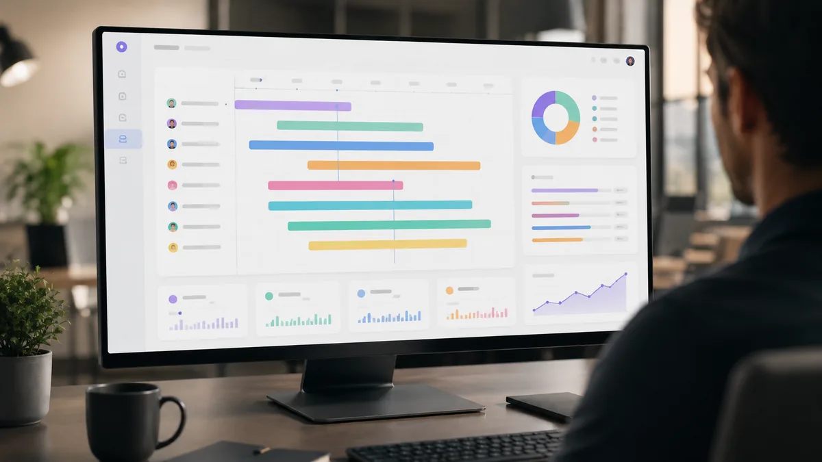 Modern dashboard view of a resource management platform showing team capacity, project allocations, and forecast charts on a large monitor in a contemporary office.