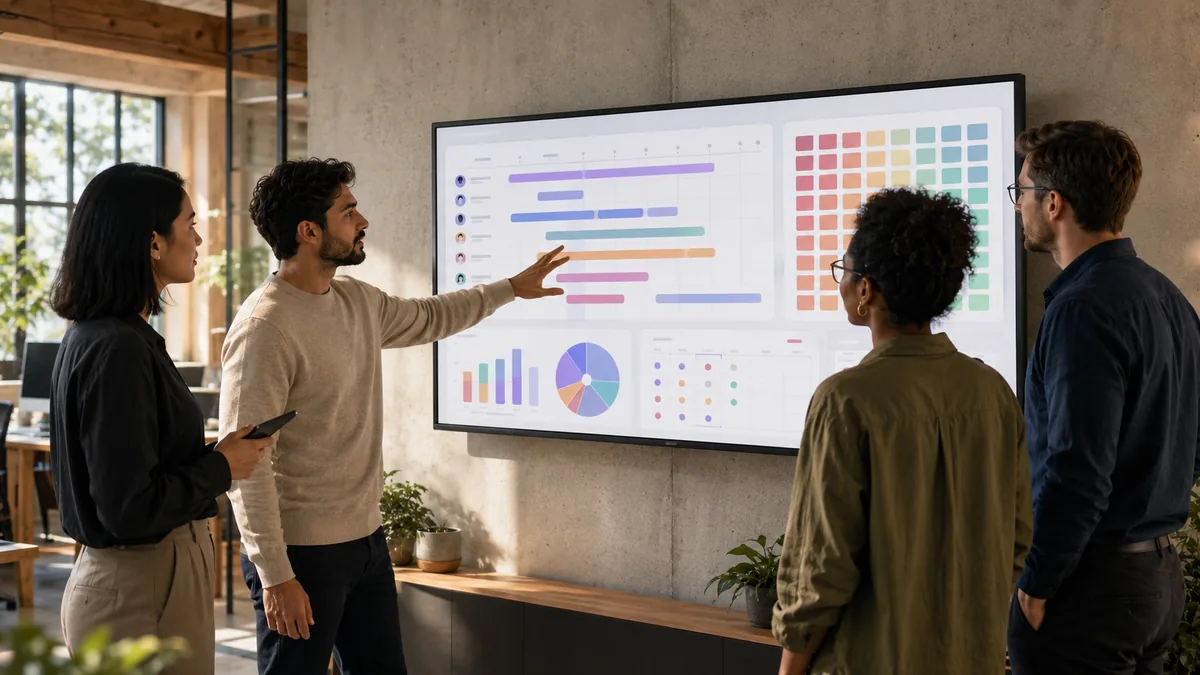 Team standing around a large monitor reviewing a resource management dashboard with a calendar, project allocations and capacity forecast visible.