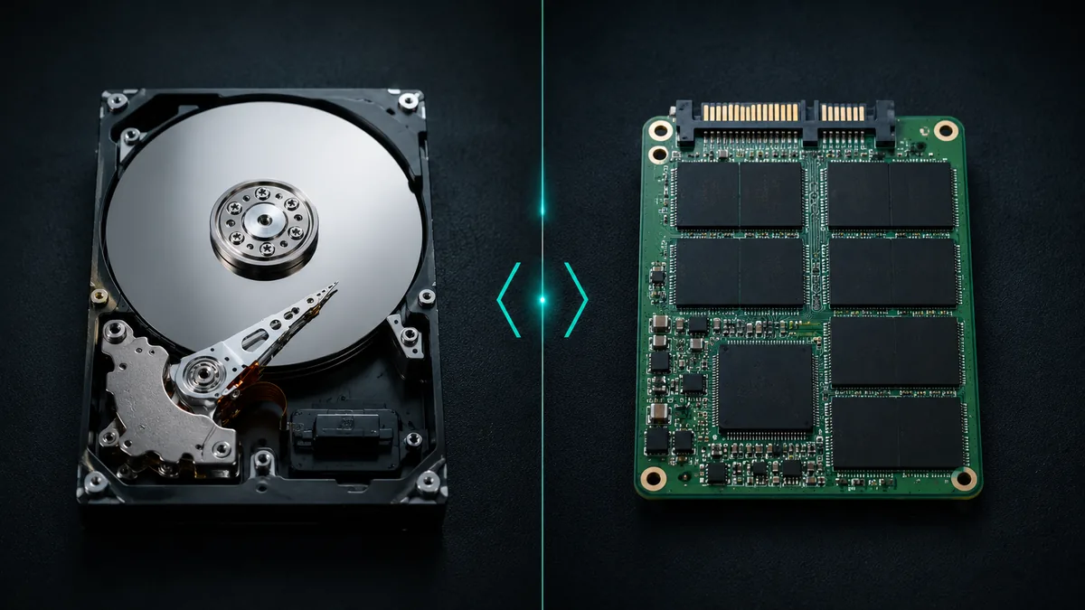 Side-by-side technical comparison of a hard drive's spinning platters and an SSD's NAND flash chips, illustrating why recovery success rates differ.