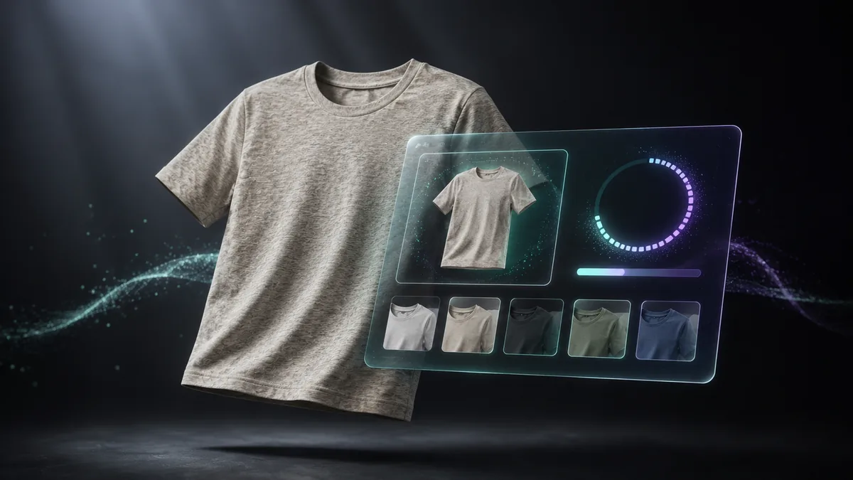 Conceptual image of an AI-powered t-shirt mockup generator interface hovering in front of a heather oatmeal t-shirt.