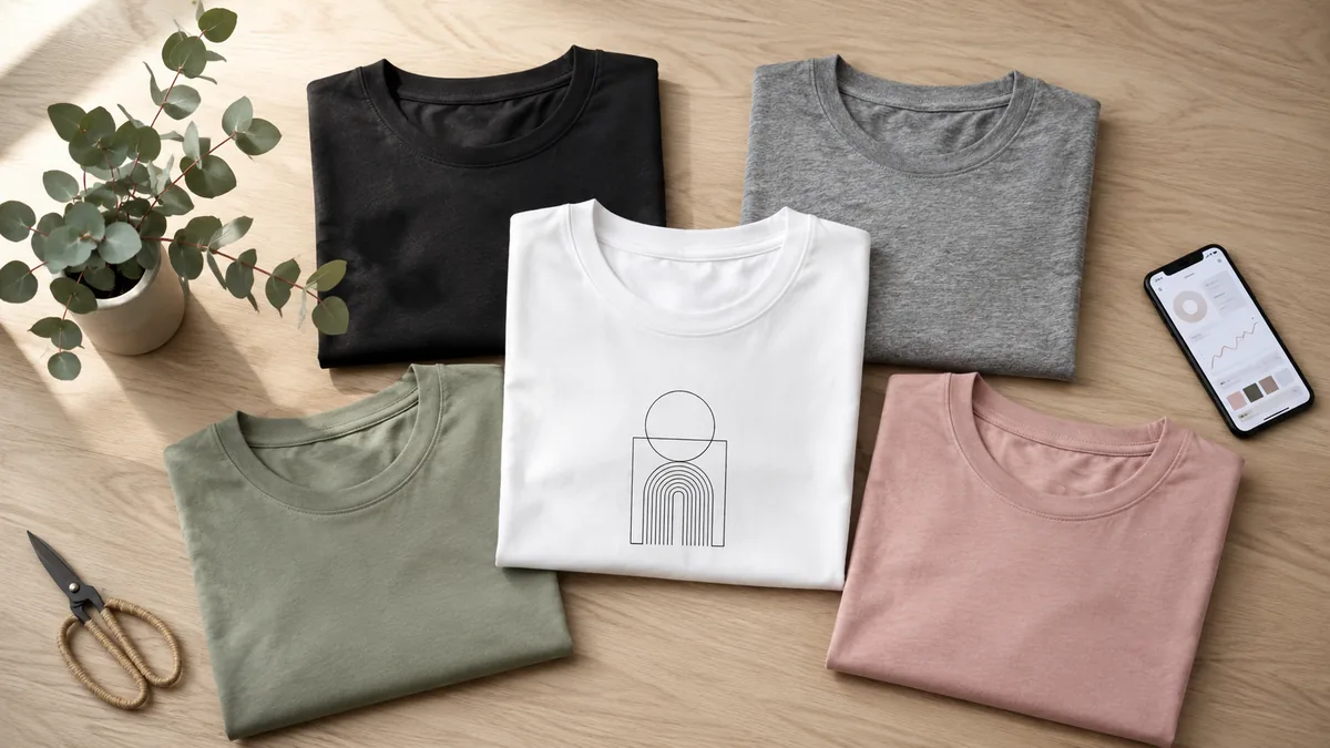 2026 flat lay of five colored t-shirts on a wood surface with design tools nearby, illustrating a modern print-on-demand workspace.