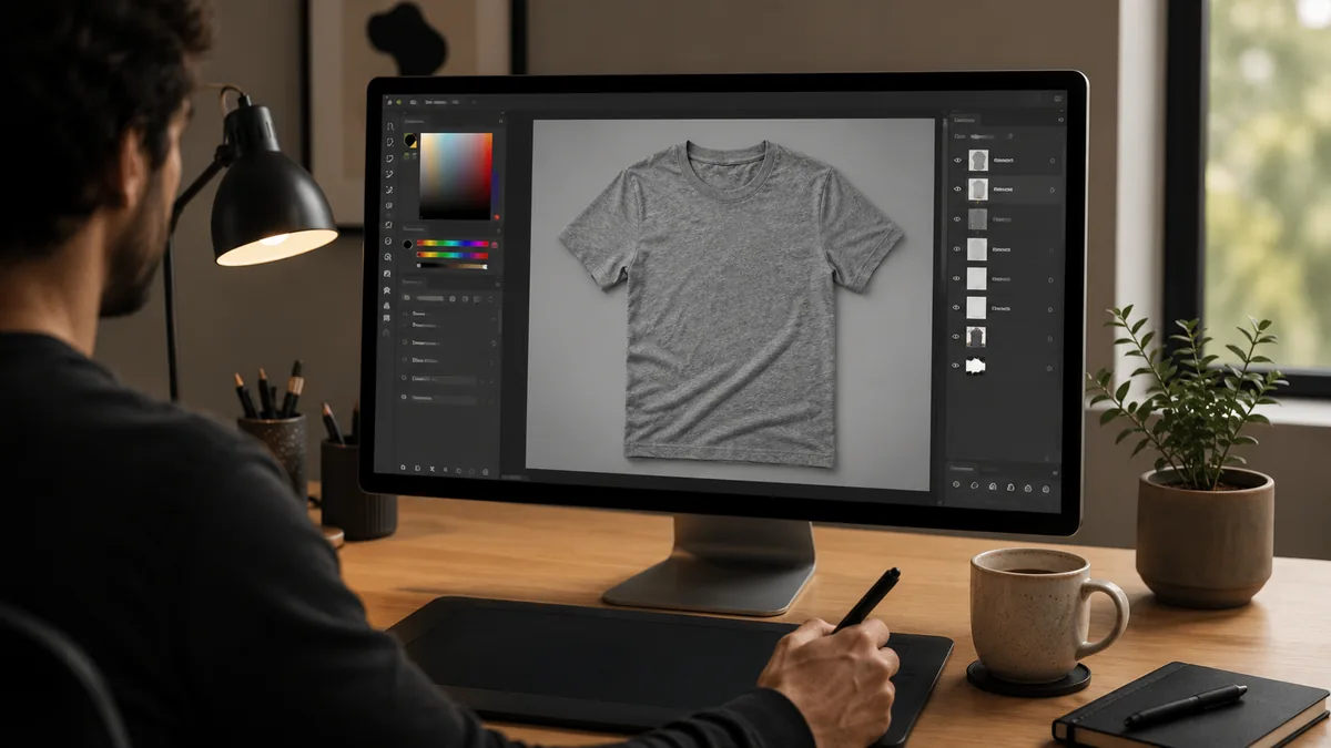 Designer editing a t-shirt mockup in Photoshop using Smart Objects on a modern desktop workspace.