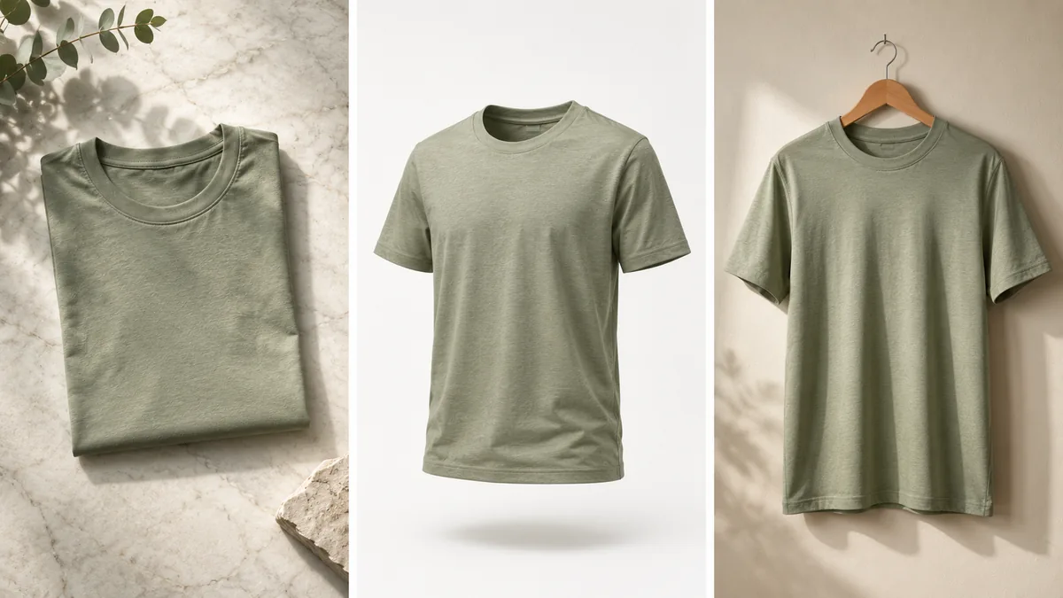 Side-by-side comparison of flat lay, ghost mannequin, and hanging t-shirt mockup styles in identical sage green color.