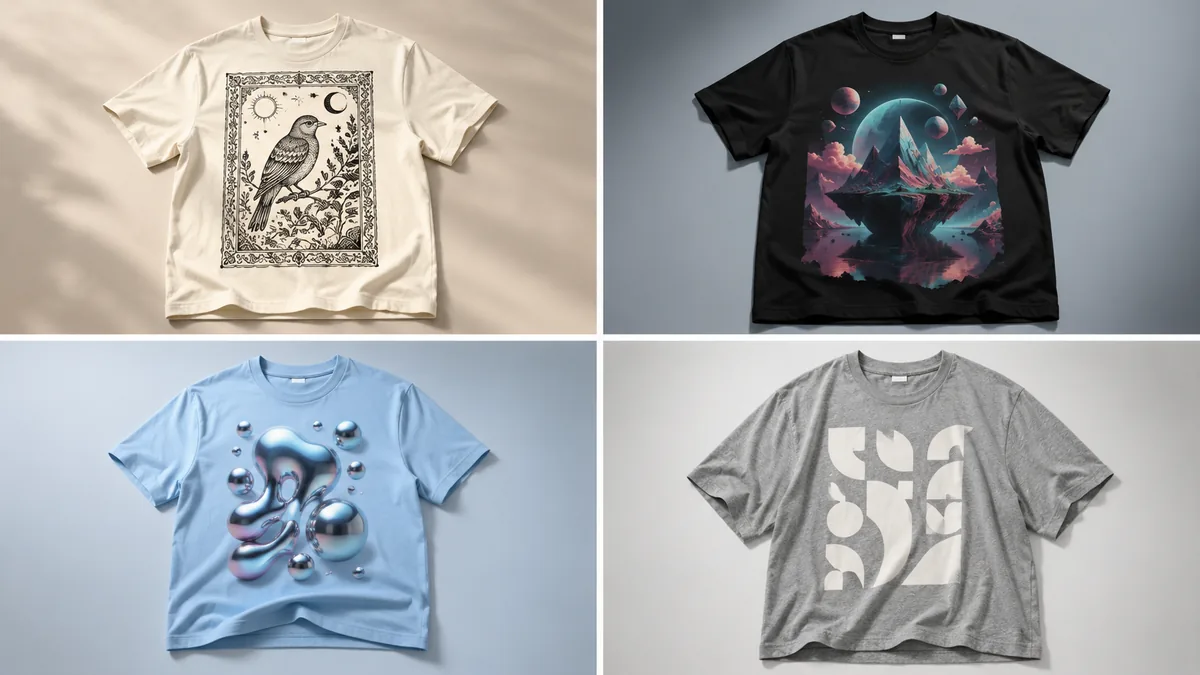 Mood board grid of four 2026 t-shirt design trends: Neo-Craft woodcut, AI surrealism, Y2K chrome, and bold typography.