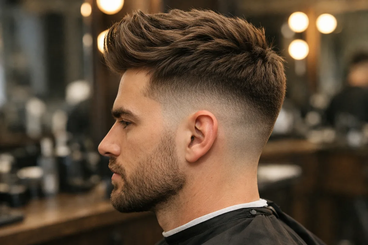 Modern textured quiff hairstyle with clean skin fade showing barbershop styling