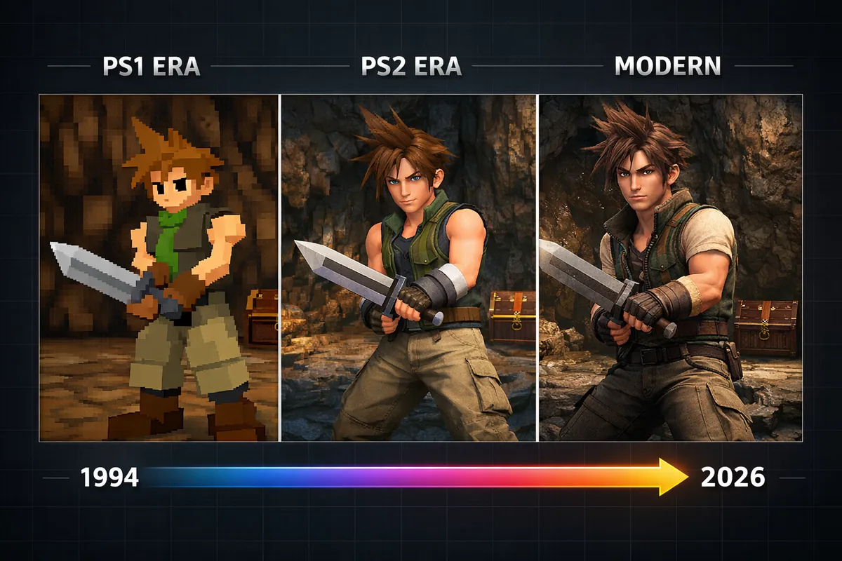 PlayStation controllers from different generations arranged on a futuristic gaming desk with Bloodborne on the monitor