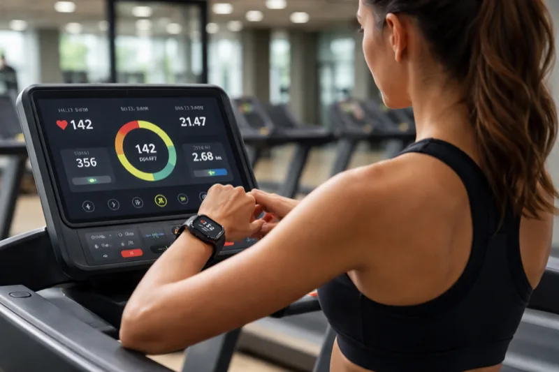 Person at gym wearing smartwatch syncing fitness data with equipment display