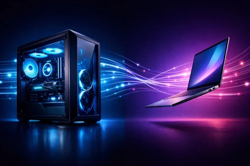 Desktop PC tower versus thin laptop comparison illustration
