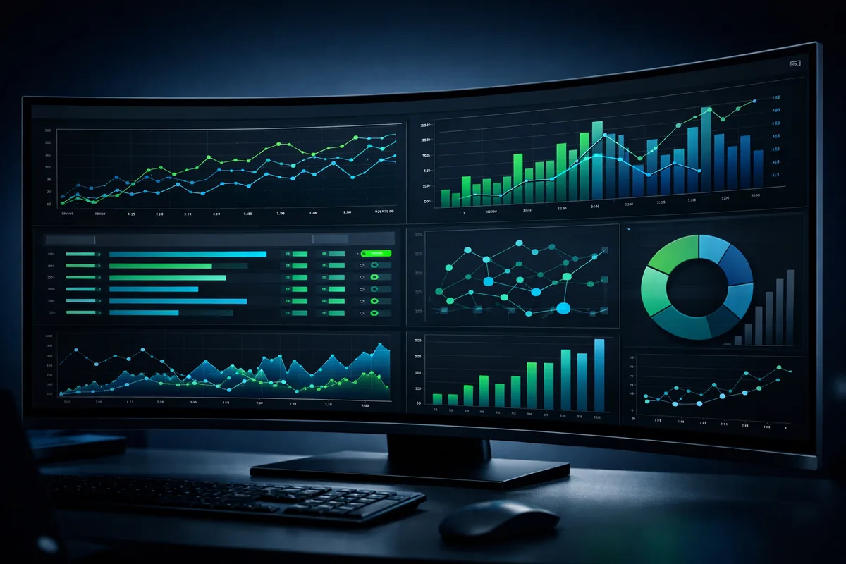 Modern SEO analytics dashboard with ranking charts and keyword metrics