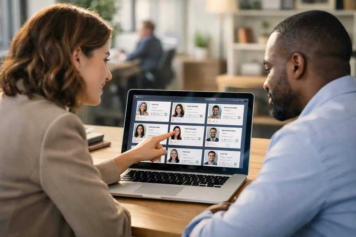 HR team collaborating over recruiting software on a laptop