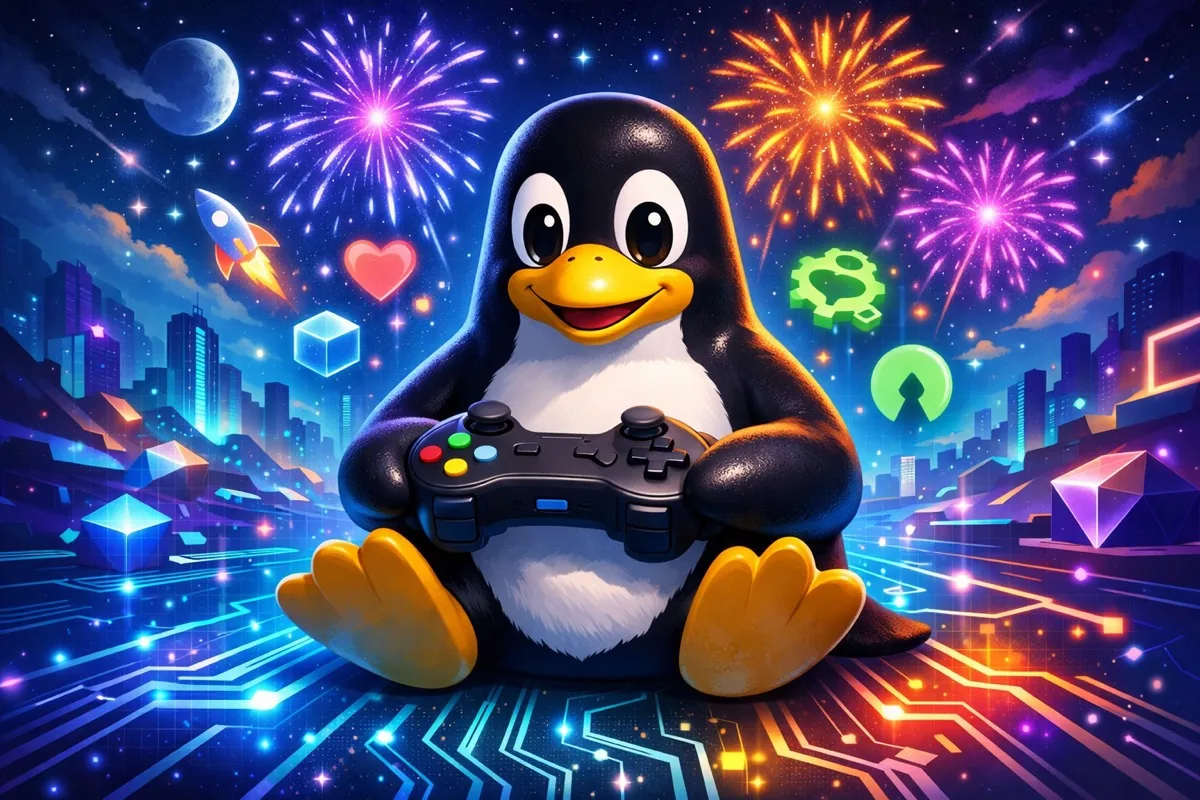 Linux Tux penguin gaming mascot in futuristic digital landscape 2026