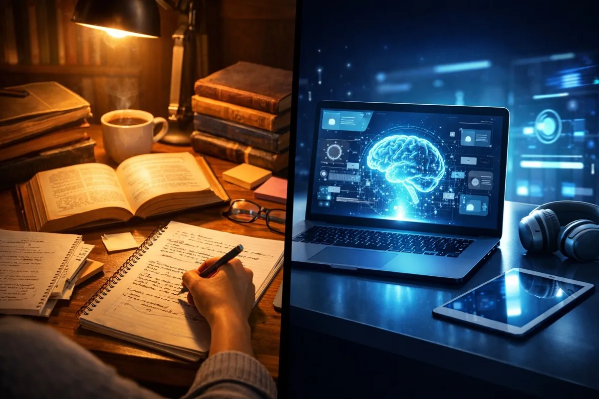 Traditional studying vs AI-powered studying concept — 2026 education technology