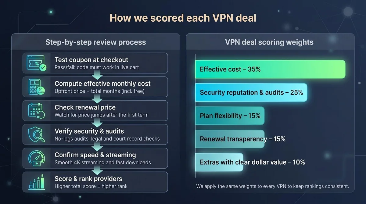 Top 5 VPN coupon deals at a glance — effective monthly price comparison