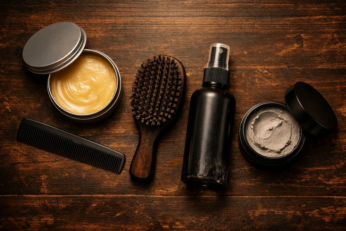 Man with classic greaser pompadour hairstyle slicked back with pomade in leather jacket