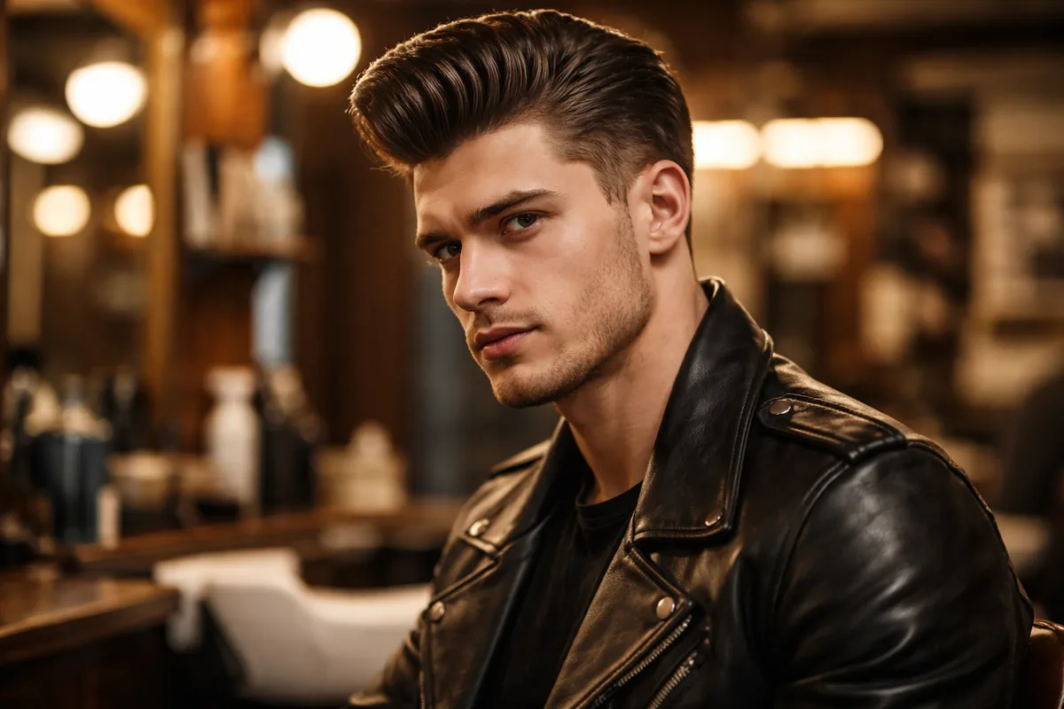 Men grooming products for greaser hairstyles including pomade, matte clay, comb, and sea salt spray on barber counter