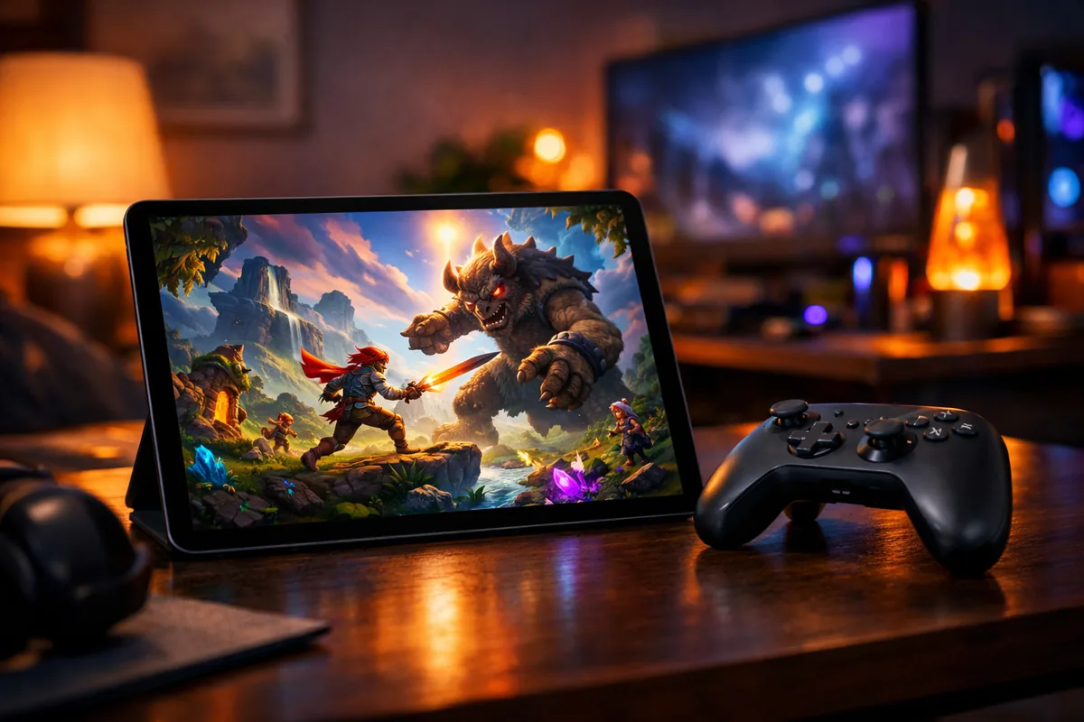 iPad Pro gaming setup with controller and vibrant game on screen