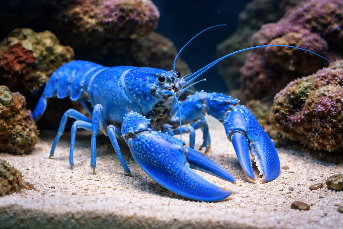 Rare bright blue lobster in aquarium tank