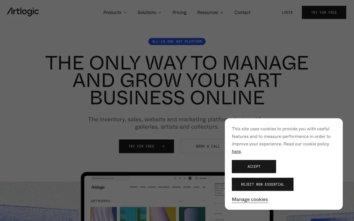 Artlogic homepage screenshot — art gallery management software