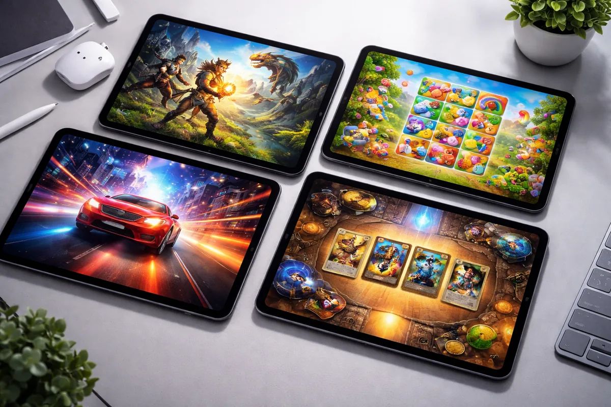 Multiple iPads showing different game genres RPG puzzle racing