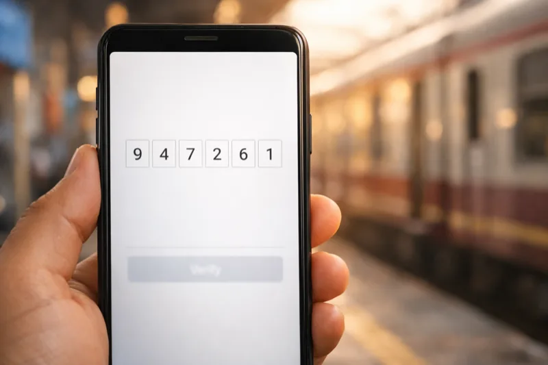 OTP verification on smartphone at Indian train station